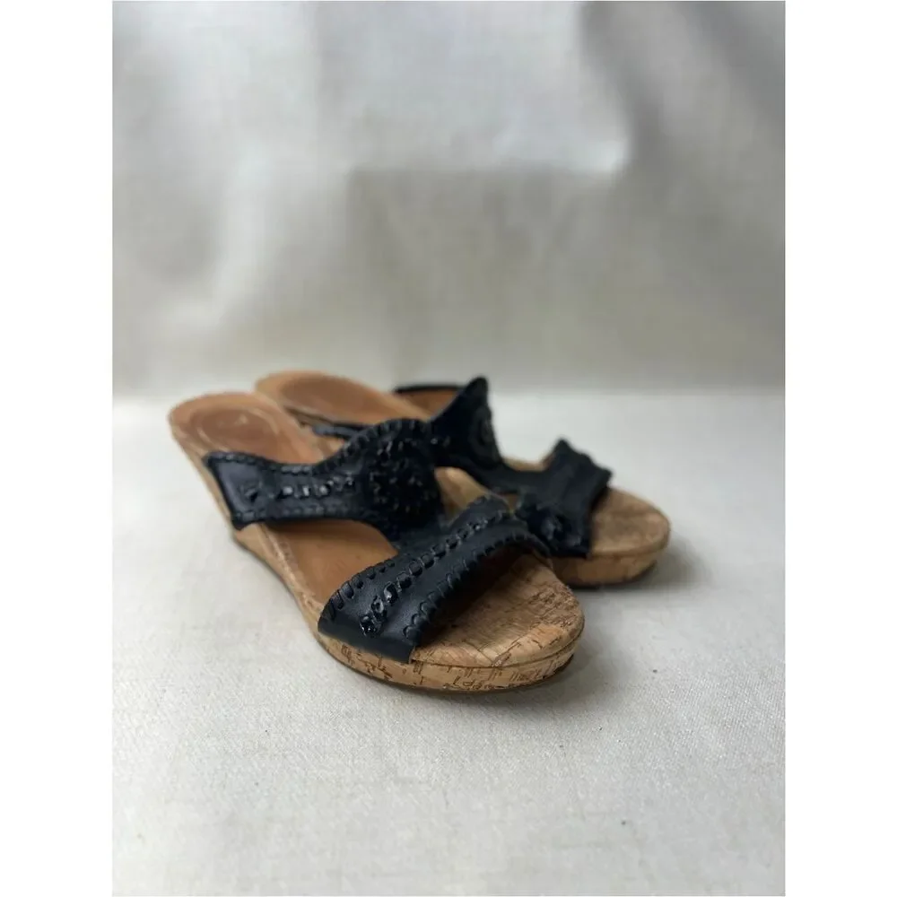 Jack Rogers Black Leather Cork Wedge Slide Sandals Women’s 6.5